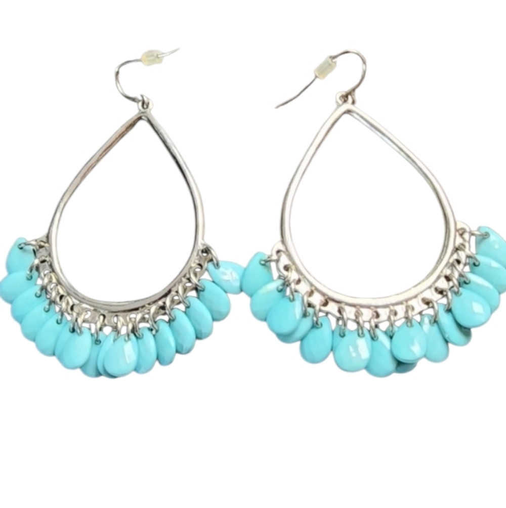 Silvertone Aqua Beaded Teardrop Earrings